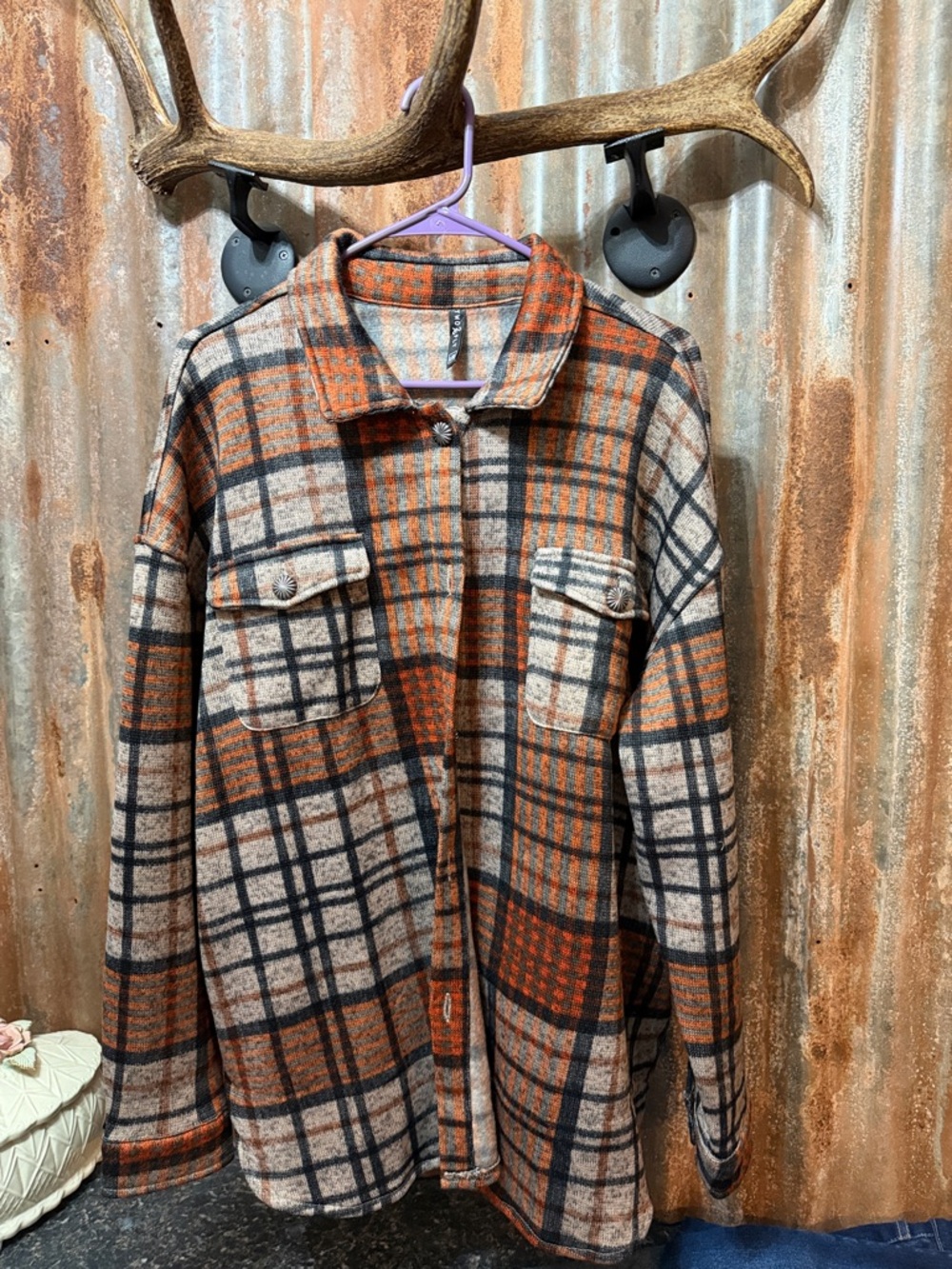 Women’s Orange Plaid Button-Down Shirt Jacket